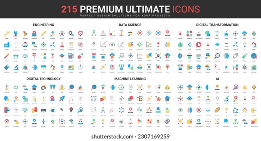 Digital technology, AI and data science color flat icons set vector illustration. Abstract symbols of engineering and digital transformation, machine learning simple design for mobile and web apps