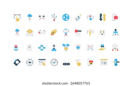 Digital technology and AI for file exchange and graphic design, online shopping color icon set. Virtual reality and smart home sensor, cyber protection, cloud computing flat vector illustration