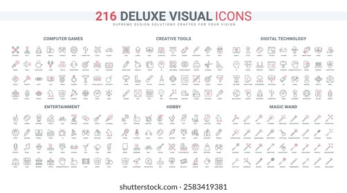 Digital technology and AI, video game for computer and phone line icon set. Tools for creative design, hobby and entertainment, party in bar thin black and red outline symbols vector illustration