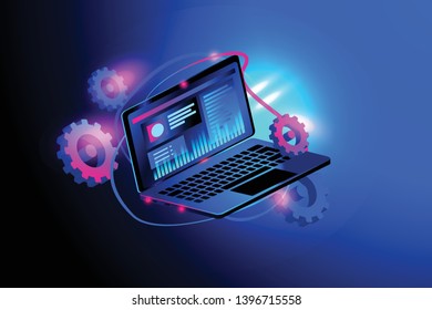 Digital technology analytics isomrtric. Monitoring and testing settings of the digital process. Vector illustration. 