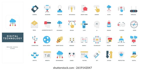Digital technology and artificial intelligence support, data network and servers, smart home color icon set. Cryptocurrency and games, wireless connection, test of developer flat vector illustration