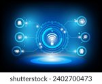 Digital technology artwork. Network computing technologies. Futuristic Server. Data storage. AI control city infrastructure, and data traffic, ensures safety. World communication concept.