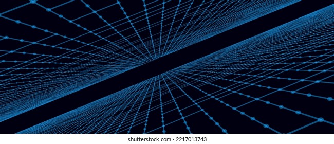 Digital technology background. Big Data visualization. Dynamic field of glowing particles. Abstract background. 3d rendering. Vector illustration.