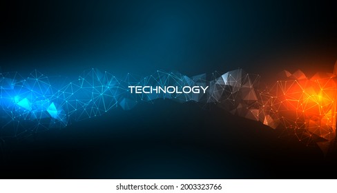 Digital technology background with blue and orange light effect. geometrical Particle connection design. Vector illustration.