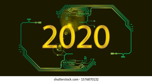 Digital technology background. Circuit board design background with text 2020. Vector illustration eps 10.