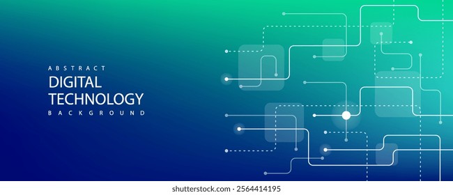 Digital technology background with technology light effect illustration. Abstract tech banner green blue background for innovation future data, internet network, Ai big data, lines dots connection. 