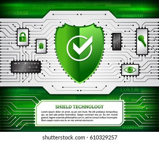 Digital technology for background with shield, hacker bug, padlock, key and eye. Circuit board background. Hi-tech electronic wires. Abstract information security. Modern safety digital background.