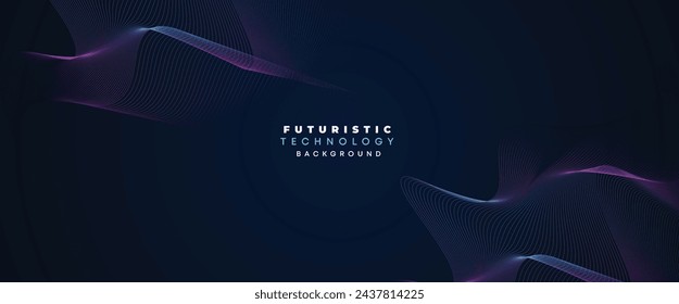 Banner de tecnología digital Resumen Fondo de líneas ondulantes púrpura y azul. Azul marino y degradado rosa con tecnología Future Diagonal brillante forma geométrica brillante para cubierta, sitio web, cabecera