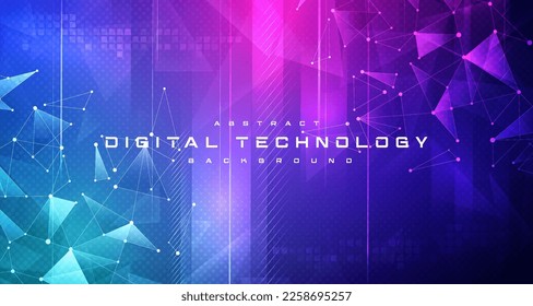 Digital technology banner blue pink background concept, cyber technology light effect, abstract tech, innovation future data, internet network, Ai big data, lines dots connection, illustration vector