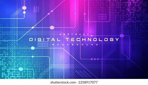 Digital technology banner blue pink background concept, cyber technology light effect, abstract tech, innovation future data, internet network, Ai big data, lines dots connection, illustration vector