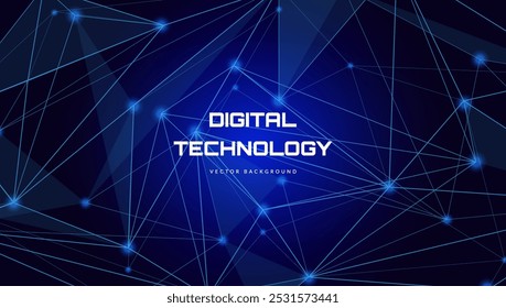 Digital technology banner with connected blue lines. Concept of neural network, AI digital circuit board tech, cyber nano information, big data. Vector abstract background on dark blue color
