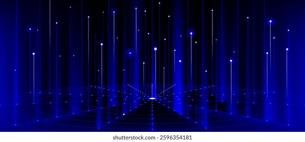 Digital technology banner, global network on black background. Vector realistic illustration of neon blue cyber system connection lines, world map model, data transfer speed, AI software development
