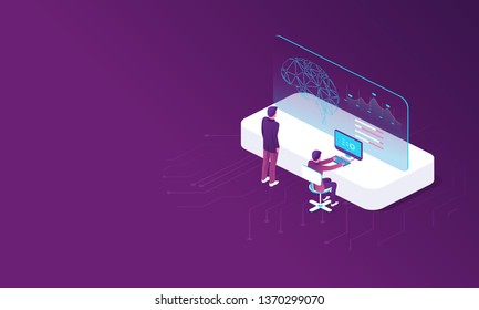 Digital technology banner. Modern template with artificial intelligence. Data analysis. Artificial intelligence in 3d style. Artificial intelligence digital brain future technology isometric