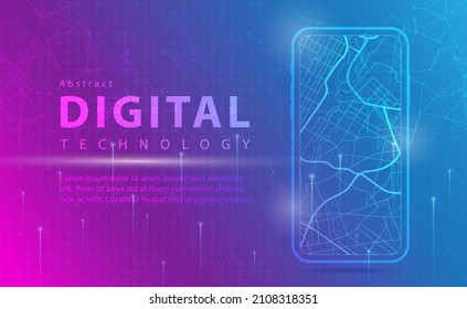 Banner de tecnología digital concepto de fondo azul rosado con efectos de luz de línea de tecnología, tecnología abstracta, navegación de mapas GPS, aplicación de mapas de Smartphone, vector de ilustración para diseño gráfico