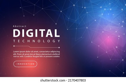 Digital technology banner pink blue background concept with technology line light effect, abstract tech, innovation future data, orange sky color, big data, lines dots connection, illustration vector