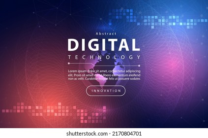 Digital technology banner pink blue background concept with technology line light effect, abstract tech, innovation future data, orange sky color, big data, lines dots connection, illustration vector