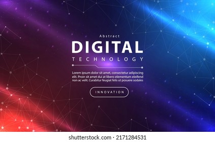 Digital technology banner pink blue background concept with technology line light effect, abstract tech, innovation future data, orange sky color, big data, lines dots connection, illustration vector