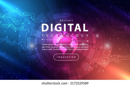 Digital technology banner pink blue background concept with technology line light effect, abstract tech, innovation future data, orange sky color, big data, lines dots connection, illustration vector