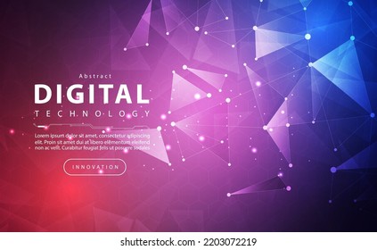 Digital technology banner pink blue background, cyber technology line light effect, abstract tech, innovation future data, orange sky color, big data, line dot internet connection, illustration vector