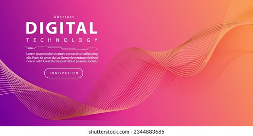 Digital technology banner pink blue background concept with technology line light effect, abstract tech, innovation future data, orange sky color, big data, lines dots connection, illustration vector