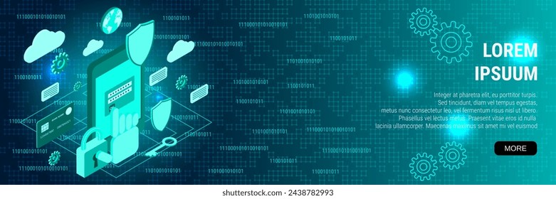 Digital technology banner vector design template. Smartphone protection, computer security flat 3d isometric concept