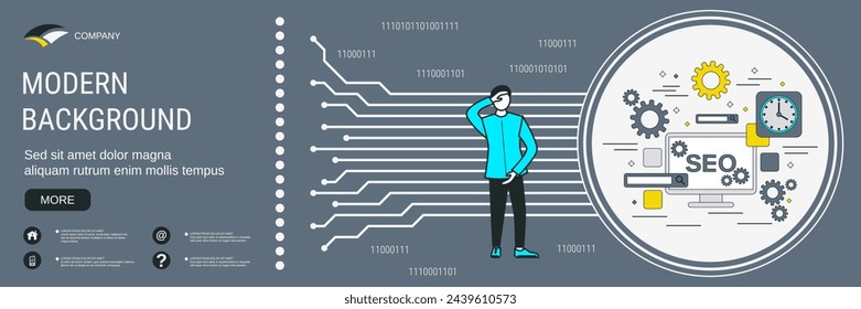 Plantilla de diseño de vector de banner de tecnología digital. Optimización SEO, procesamiento de información, concepto de búsqueda web