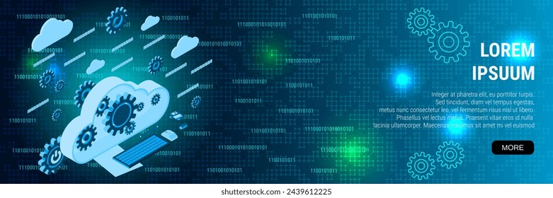 Digital technology banner vector design template. Cloud data processing, information computing 3d isometric concept