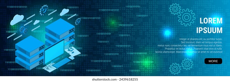 Plantilla de diseño de vector de banner de tecnología digital. Centro de datos, almacenamiento, servidor web, alojamiento moderno concepto de vector isométrico 3D