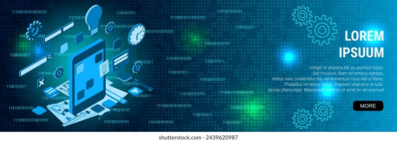 Digital technology banner vector design template. Mobile application development, program coding 3d isometric concept