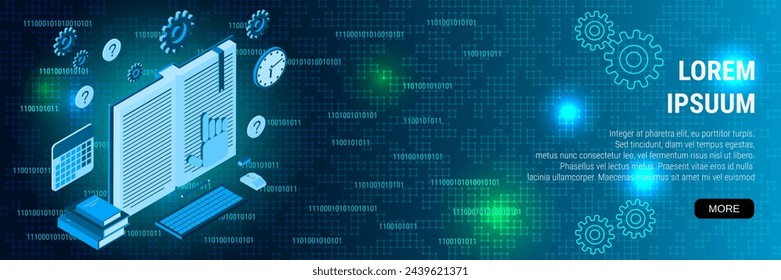 Plantilla de diseño de vector de banner de tecnología digital. Lectura en línea, educación a distancia, tutorial, guía de usuario 3d plano concepto isométrico