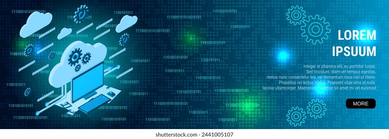 Digital technology banner vector design template. Cloud data processing, information computing 3d isometric concept