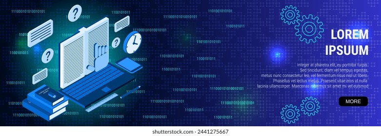 Digital technology banner vector design template. Digital book, online library, education, reading 3d isometric concept