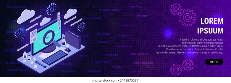 Digital technology banner vector design template. Computer service, repair, technical support, first aid flat 3d isometric concept