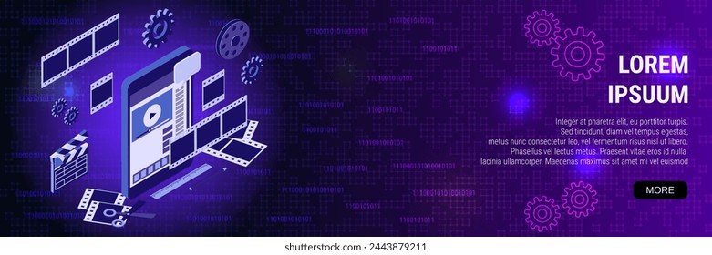 Digital technology banner vector design template. Mobile video production, editing, montage flat 3d isometric concept 