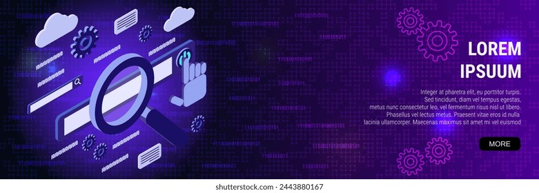 Digital technology banner vector design template. SEO optimization, information processing, web search flat 3d isometric concept