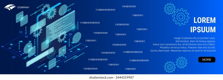 Digital technology banner vector design template. Graphic user interface construction, application development flat 3d isometric concept