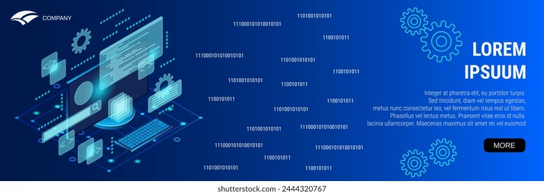 Digital technology banner vector design template. Graphic user interface construction, application development, CMS flat 3d isometric concept