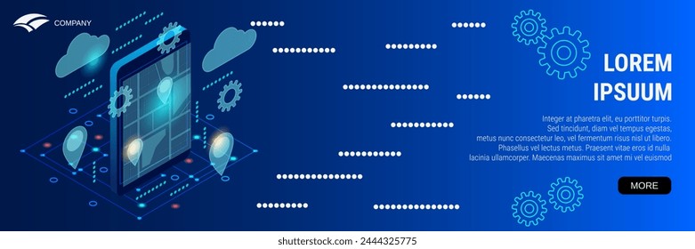 Digital technology banner vector design template. Mobile navigation, digital map 3d isometric concept