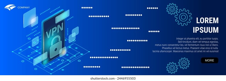 Digital technology banner vector design template. VPN service flat 3d isometric concept