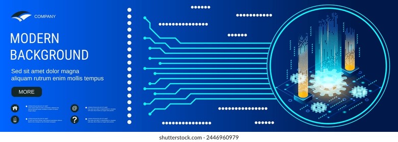 Digital technology banner vector design template. Information computing, data processing flat 3d isometric concept