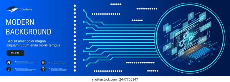 Plantilla de diseño de Vector de Anuncio de tecnología digital. Procesamiento de código, desarrollo de software, codificación de programas 3d concepto isométrico