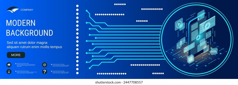 Digital technology banner vector design template. Software UI construction, mobile application development modern 3d isometric concept