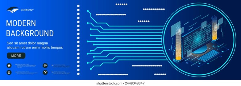 Digital technology banner vector design template. Big data processing, information computing flat 3d isometric concept