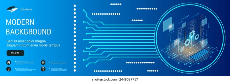 Digital technology banner vector design template. Information processing, data computing flat 3d isometric concept