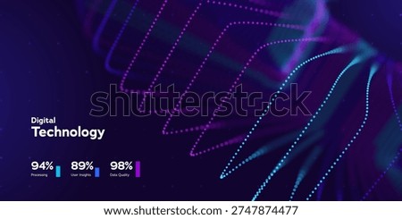 Digital Technology Big Data Background With Colorful Neon Particle Stack And UI Dashboard Elements On Dark Background. Digital Technologies Futuristic Background. Vector Illustration.