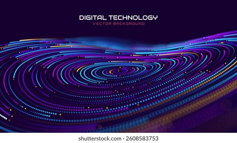 Digital Technology, Big Data, Futuristic, AI, Cyber Network With Glowing Circular Dotted Waves On Dark Background. Perfect For Tech And Innovation Projects. Vector Illustration.