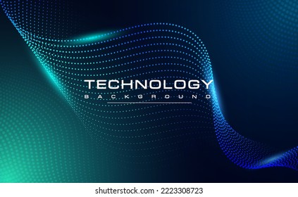 Digital technology blue green background, online cyber media algorithm, dark abstract wave futuristic circuit tech, innovation future, internet network connection, Ai big data, dot illustration vector