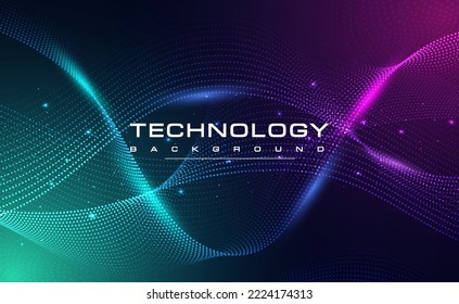 Digital technology blue green background, online cyber media algorithm, pink abstract wave futuristic circuit tech, innovation future internet network connection, Ai big data, dot illustration vector