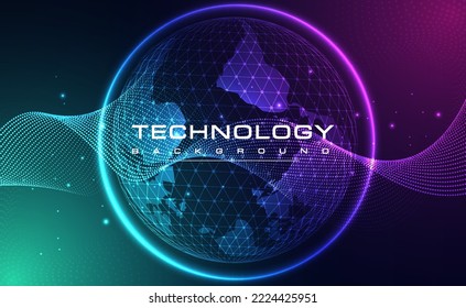 Digital technology blue green background, online cyber media world map, pink abstract wave futuristic circuit tech, innovation future internet network connection, Ai big data, dot illustration vector