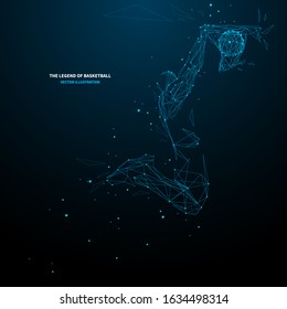 Digital technology blue illustration of basketball player in dank motion. Low poly wireframe vector with polygons, particles and connected dots. Polygonal sport concept on dark background. Starry sky.